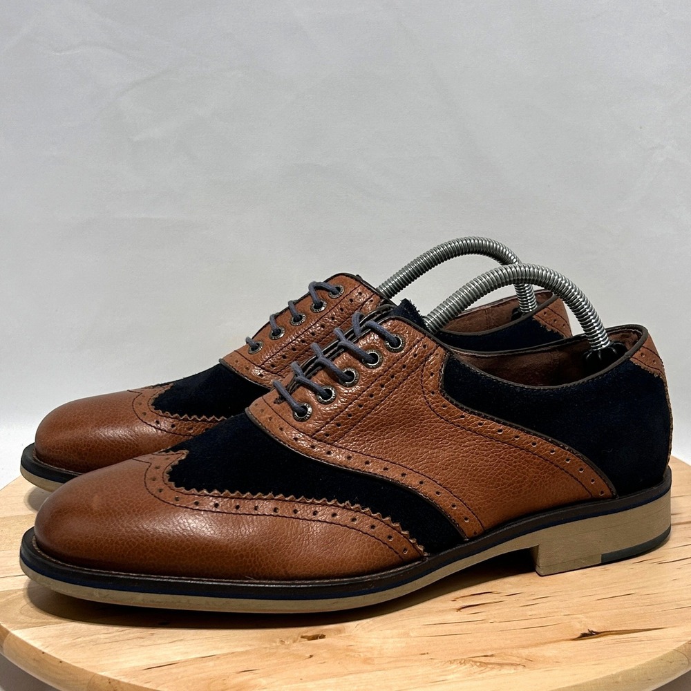 Johnston & Murphy Men's Brown Leather Navy Blue Suede Wingtip Dress Shoes - 9M - Picture 6 of 10